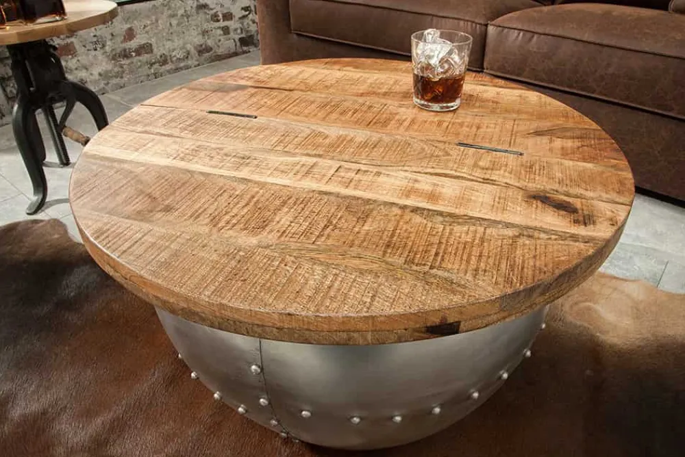 Riess-Ambiente Mehr...|Industrial Loft > Runder Couchtisch DRUMP STORAGE 70cm natur silber Mangoholz mit Stauraum handmade Industrial
