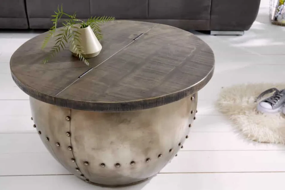 Riess-Ambiente Mehr...|Industrial Loft > Runder Couchtisch DRUMP STORAGE 70cm grau silber Mangoholz massiv mit Stauraum handmade