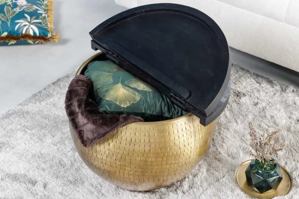 Riess-Ambiente Mehr...|Couchtische > Runder Couchtisch DRUMP STORAGE 60cm gold schwarz Mangoholz Metall mit Stauraum Hammerschlag