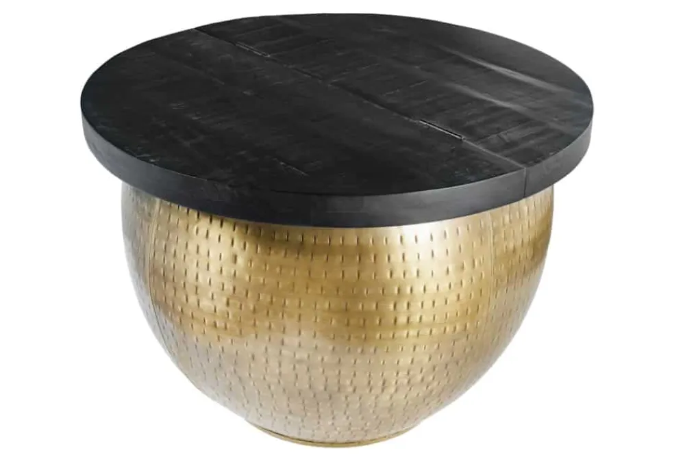 Riess-Ambiente Mehr...|Couchtische > Runder Couchtisch DRUMP STORAGE 60cm gold schwarz Mangoholz Metall mit Stauraum Hammerschlag