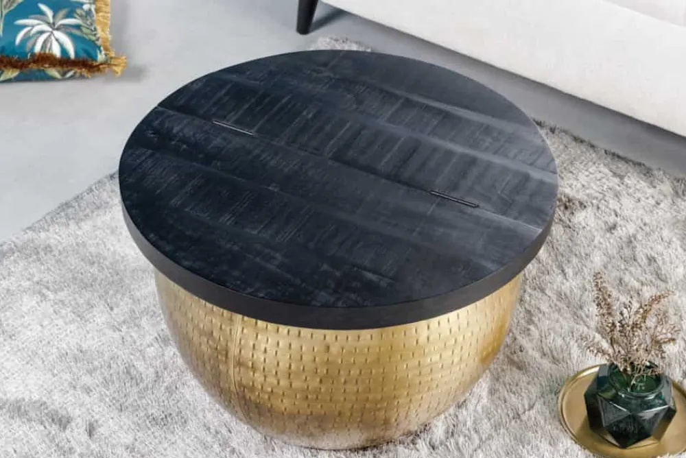 Riess-Ambiente Mehr...|Couchtische > Runder Couchtisch DRUMP STORAGE 60cm gold schwarz Mangoholz Metall mit Stauraum Hammerschlag