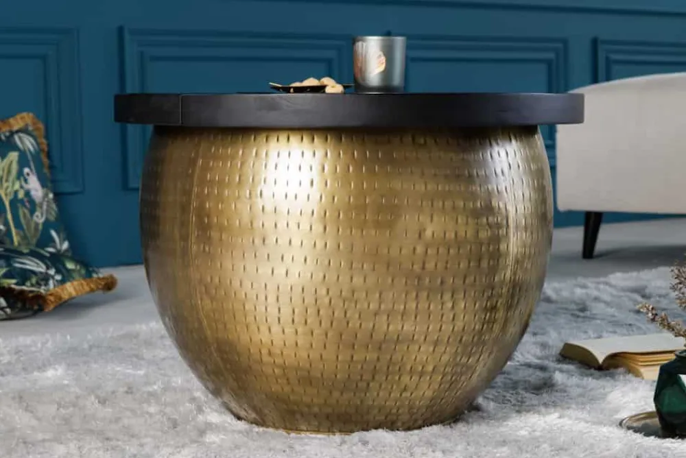 Riess-Ambiente Mehr...|Couchtische > Runder Couchtisch DRUMP STORAGE 60cm gold schwarz Mangoholz Metall mit Stauraum Hammerschlag