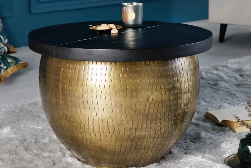 Riess-Ambiente Mehr...|Couchtische > Runder Couchtisch DRUMP STORAGE 60cm gold schwarz Mangoholz Metall mit Stauraum Hammerschlag