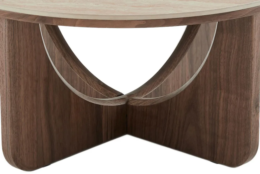 Riess-Ambiente Skandinavisch|Couchtische & Truhen > Runder Couchtisch ENSO 80cm champagner greige Travertin Keramik Walnussholz