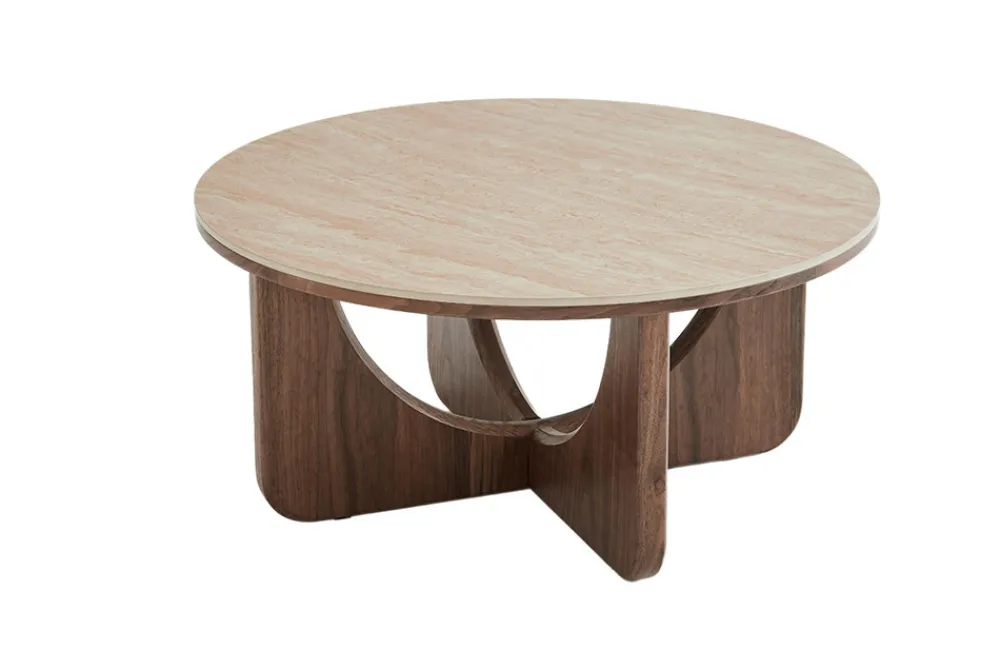 Riess-Ambiente Skandinavisch|Couchtische & Truhen > Runder Couchtisch ENSO 80cm champagner greige Travertin Keramik Walnussholz