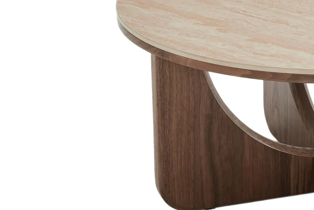 Riess-Ambiente Skandinavisch|Couchtische & Truhen > Runder Couchtisch ENSO 80cm champagner greige Travertin Keramik Walnussholz