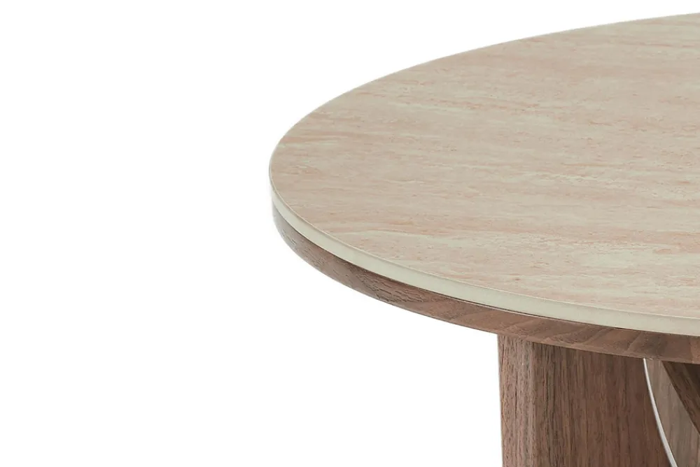 Riess-Ambiente Skandinavisch|Couchtische & Truhen > Runder Couchtisch ENSO 80cm champagner greige Travertin Keramik Walnussholz