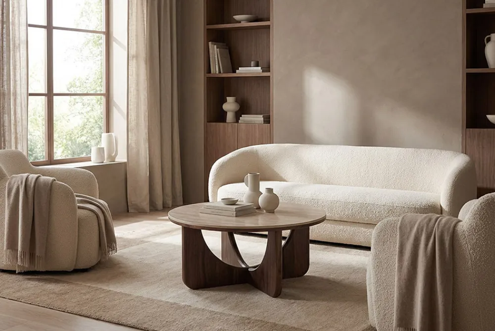 Riess-Ambiente Skandinavisch|Couchtische & Truhen > Runder Couchtisch ENSO 80cm champagner greige Travertin Keramik Walnussholz