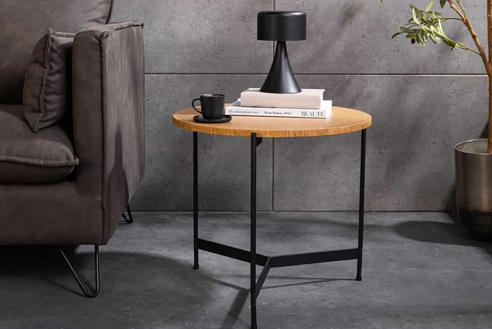 Riess-Ambiente Industrial Loft|Couchtische & Truhen > Runder Couchtisch FUSION 50cm Baumscheibe Eiche schwarz Metall Beistelltisch