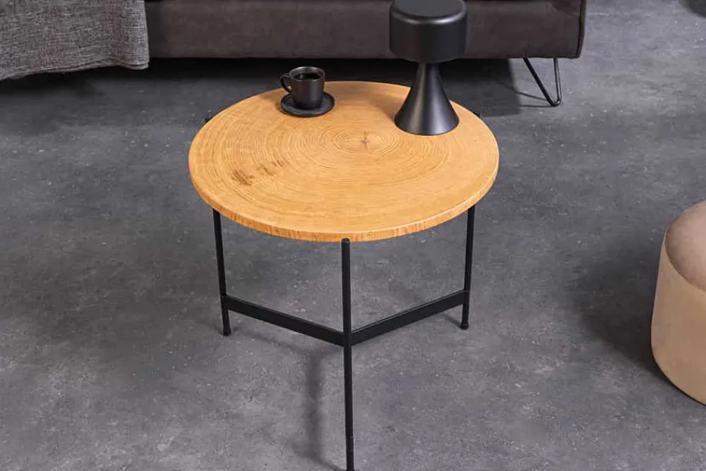 Riess-Ambiente Industrial Loft|Couchtische & Truhen > Runder Couchtisch FUSION 50cm Baumscheibe Eiche schwarz Metall Beistelltisch