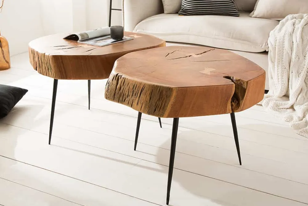 Riess-Ambiente Mehr...|Couchtische > Runder Couchtisch GOA 60cm Akazie Massivholz Baumstamm schwarze Metallbeine