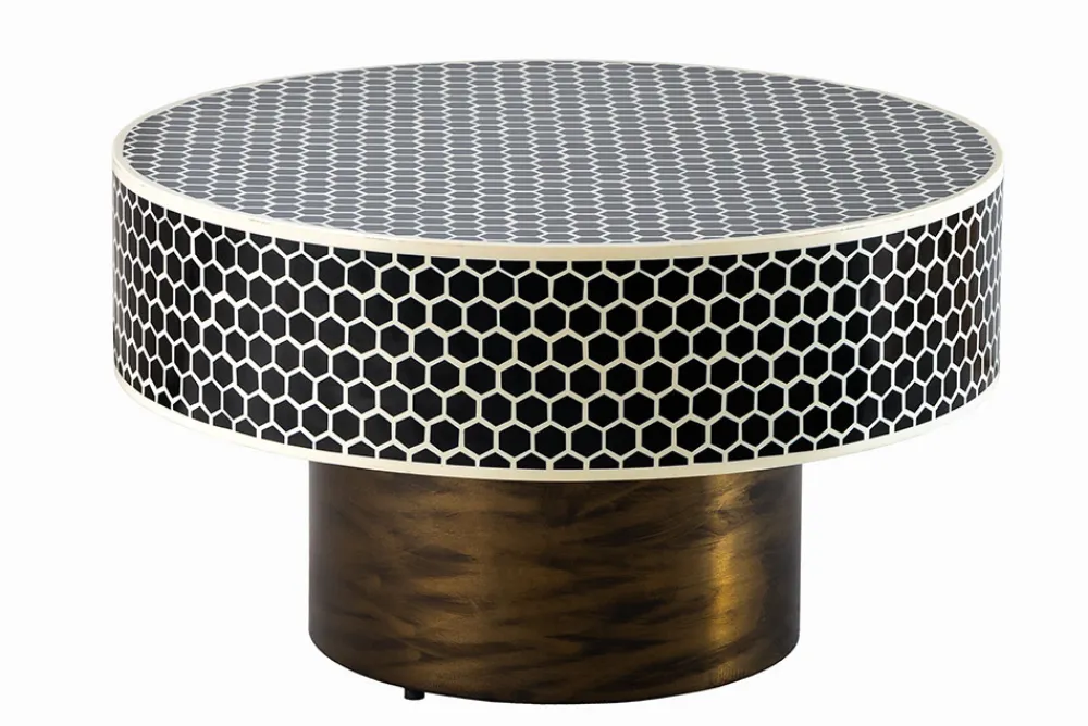 Riess-Ambiente Goldene Möbel|Couchtische & Truhen > Runder Couchtisch HARMONY NATURE 60cm schwarz weiß gold mit Mosaik