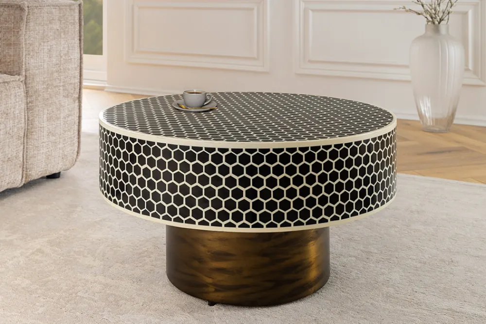 Riess-Ambiente Goldene Möbel|Couchtische & Truhen > Runder Couchtisch HARMONY NATURE 60cm schwarz weiß gold mit Mosaik