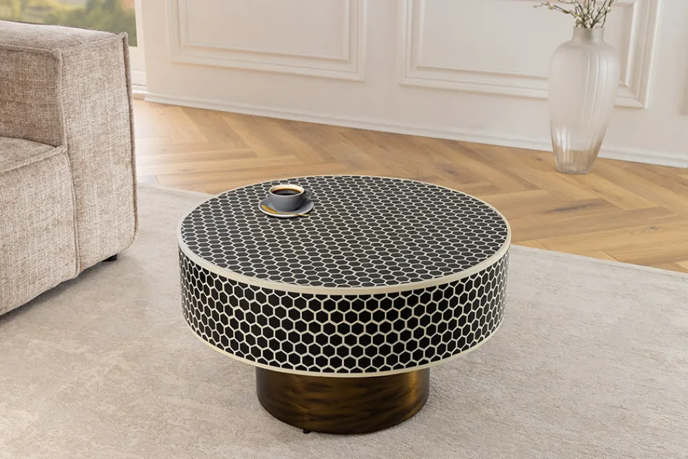 Riess-Ambiente Goldene Möbel|Couchtische & Truhen > Runder Couchtisch HARMONY NATURE 60cm schwarz weiß gold mit Mosaik