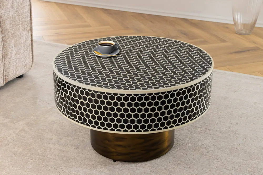 Riess-Ambiente Goldene Möbel|Couchtische & Truhen > Runder Couchtisch HARMONY NATURE 60cm schwarz weiß gold mit Mosaik