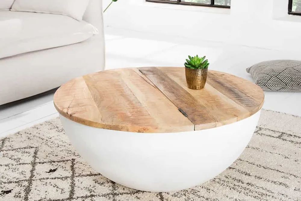 Riess-Ambiente Mehr...|Couchtische & Truhen > Runder Couchtisch INDUSTRIAL STORAGE 70cm weiß natur Massivholz mit Stauraum handmade