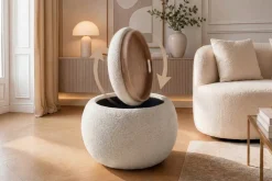 Riess-Ambiente Skandinavisch|Sitzhocker > Runder Couchtisch ORBIT 50cm beige Bouclé Hocker mit Tablett und Stauraum