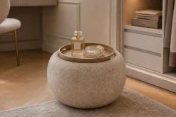 Riess-Ambiente Skandinavisch|Sitzhocker > Runder Couchtisch ORBIT 50cm champagner-greige Bouclé Hocker mit Tablett und Stauraum