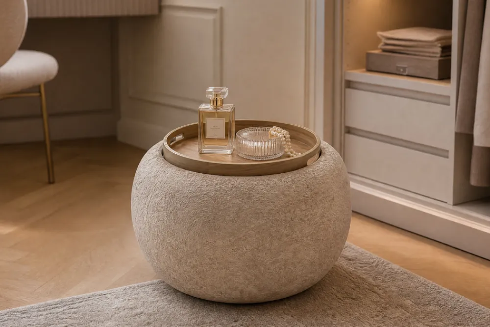 Riess-Ambiente Skandinavisch|Sitzhocker > Runder Couchtisch ORBIT 50cm champagner-greige Bouclé Hocker mit Tablett und Stauraum