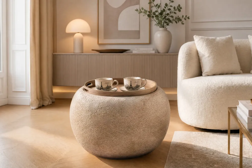 Riess-Ambiente Skandinavisch|Sitzhocker > Runder Couchtisch ORBIT 50cm champagner-greige Bouclé Hocker mit Tablett und Stauraum