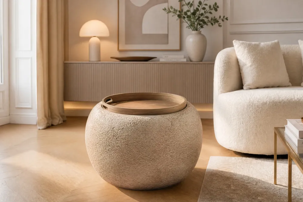 Riess-Ambiente Skandinavisch|Sitzhocker > Runder Couchtisch ORBIT 50cm champagner-greige Bouclé Hocker mit Tablett und Stauraum