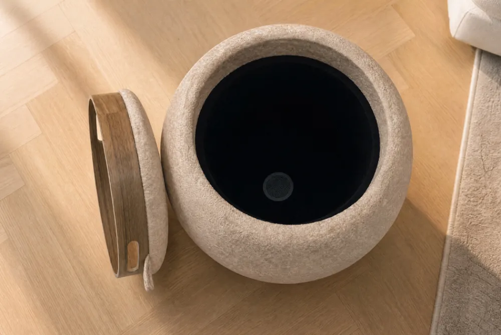 Riess-Ambiente Skandinavisch|Sitzhocker > Runder Couchtisch ORBIT 50cm champagner-greige Bouclé Hocker mit Tablett und Stauraum