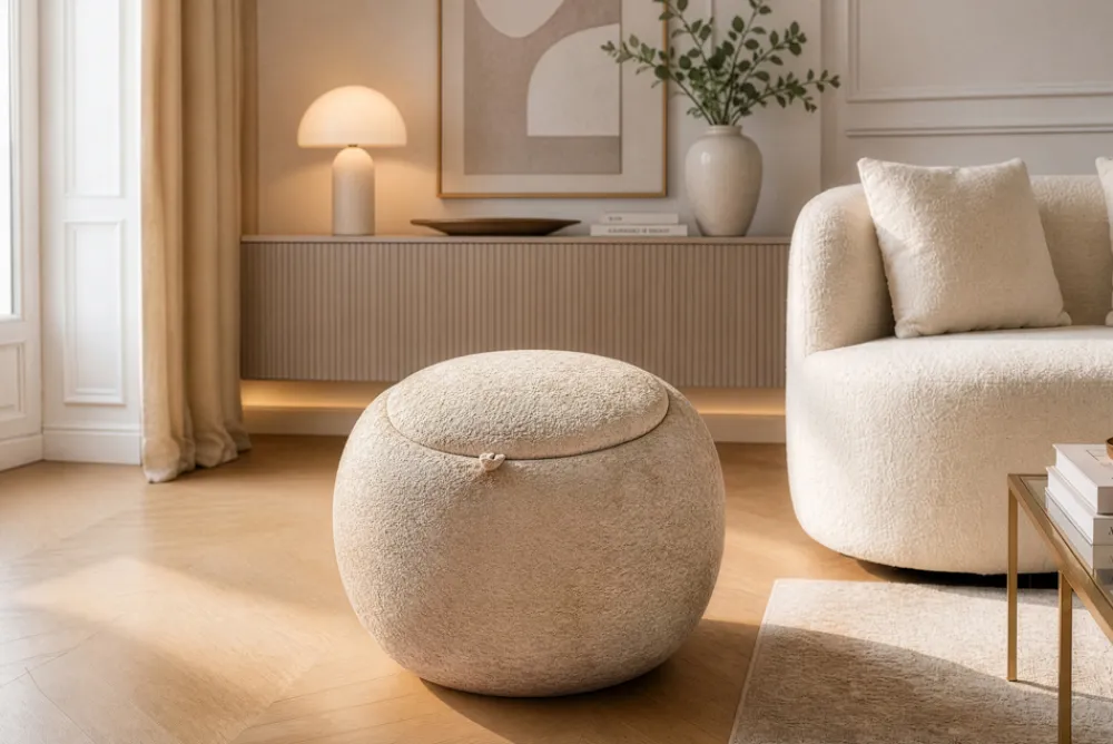 Riess-Ambiente Skandinavisch|Sitzhocker > Runder Couchtisch ORBIT 50cm champagner-greige Bouclé Hocker mit Tablett und Stauraum