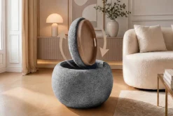 Riess-Ambiente Skandinavisch|Sitzhocker > Runder Couchtisch ORBIT 50cm grau Bouclé Hocker mit Tablett und Stauraum