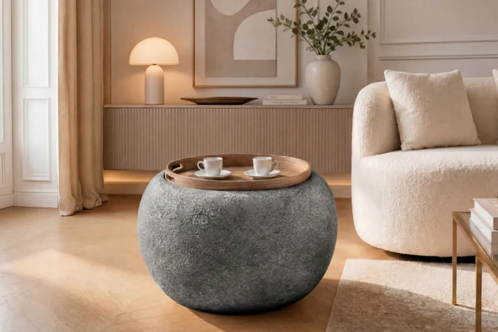 Riess-Ambiente Skandinavisch|Sitzhocker > Runder Couchtisch ORBIT 50cm grau Bouclé Hocker mit Tablett und Stauraum