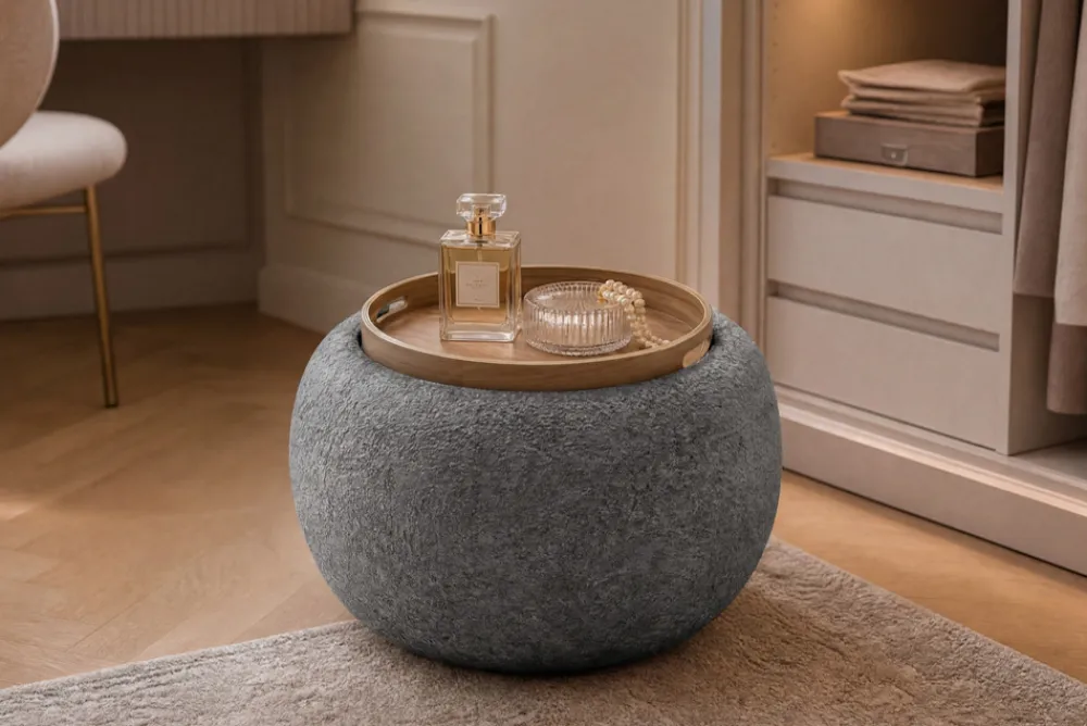 Riess-Ambiente Skandinavisch|Sitzhocker > Runder Couchtisch ORBIT 50cm grau Bouclé Hocker mit Tablett und Stauraum