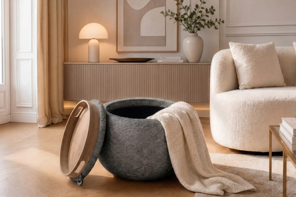 Riess-Ambiente Skandinavisch|Sitzhocker > Runder Couchtisch ORBIT 50cm grau Bouclé Hocker mit Tablett und Stauraum