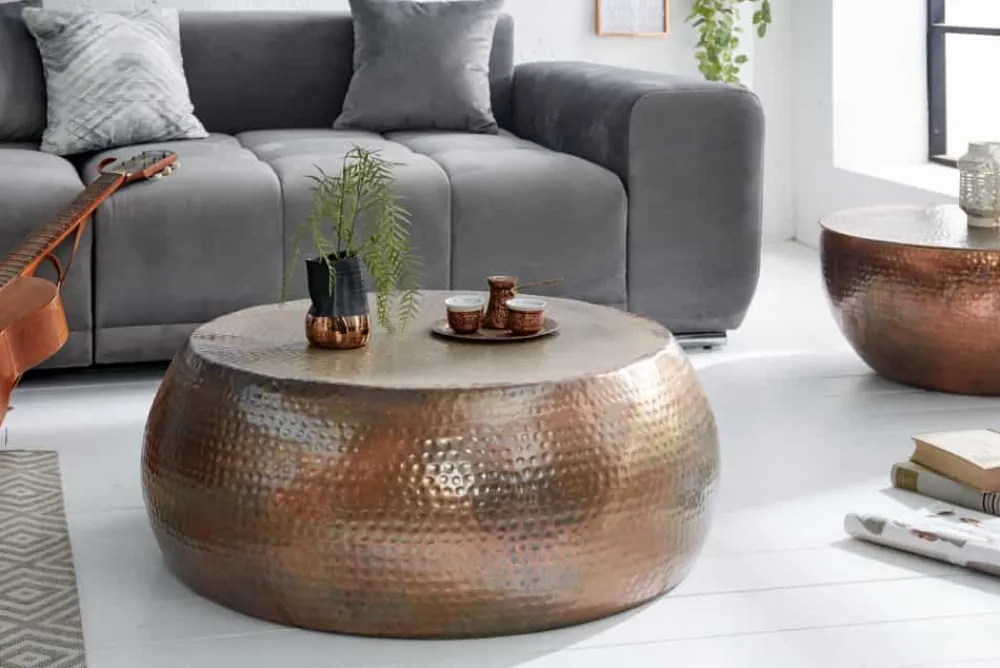 Riess-Ambiente Couchtische & Truhen > Runder Couchtisch ORIENT 80cm kupfer geflammt Metall Hammerschlag Design handmade