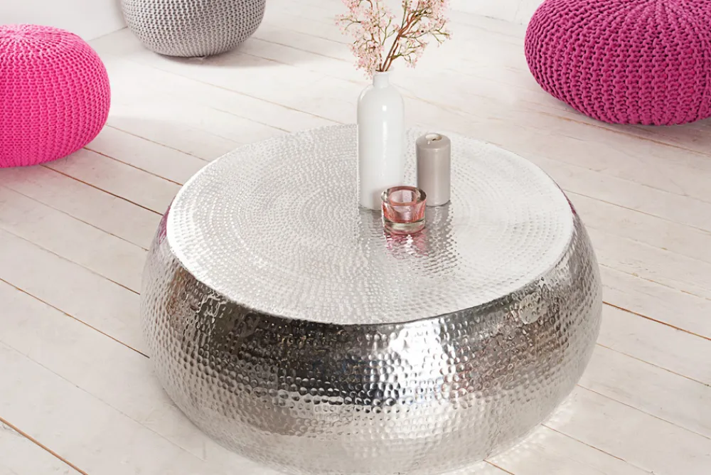 Riess-Ambiente Couchtische & Truhen > Runder Couchtisch ORIENT 80cm silber Metall Aluminium Hammerschlag Design handmade