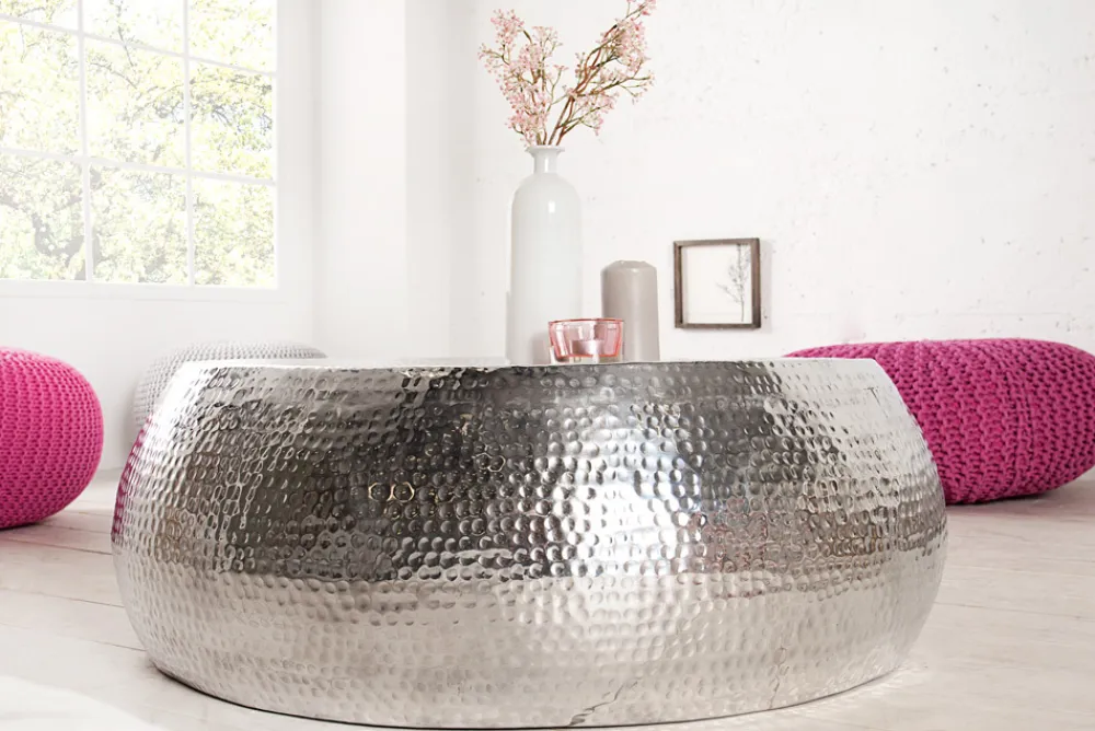 Riess-Ambiente Couchtische & Truhen > Runder Couchtisch ORIENT 80cm silber Metall Aluminium Hammerschlag Design handmade