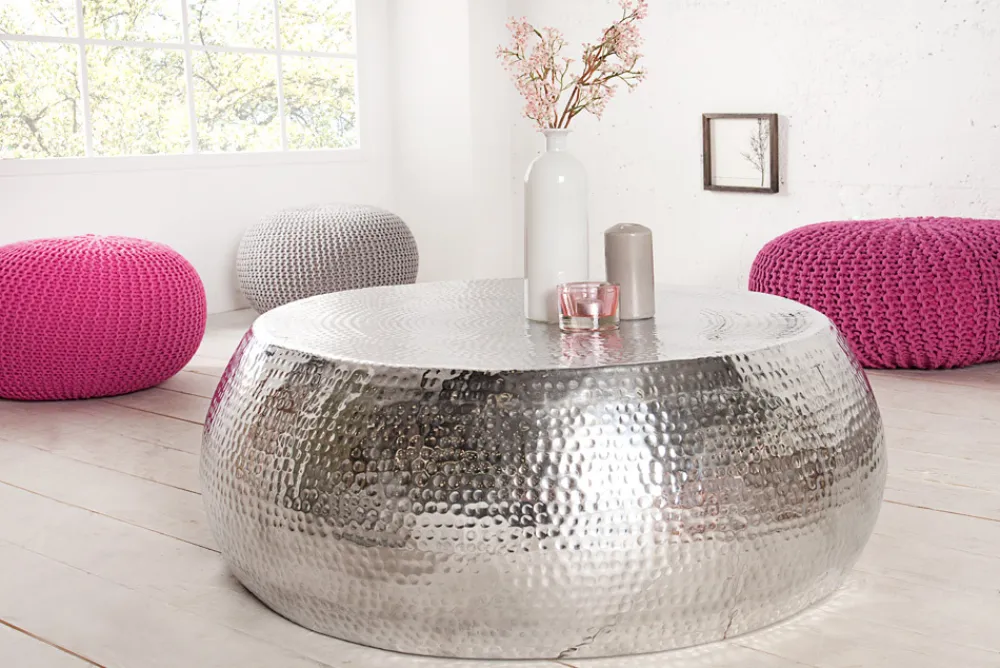 Riess-Ambiente Couchtische & Truhen > Runder Couchtisch ORIENT 80cm silber Metall Aluminium Hammerschlag Design handmade
