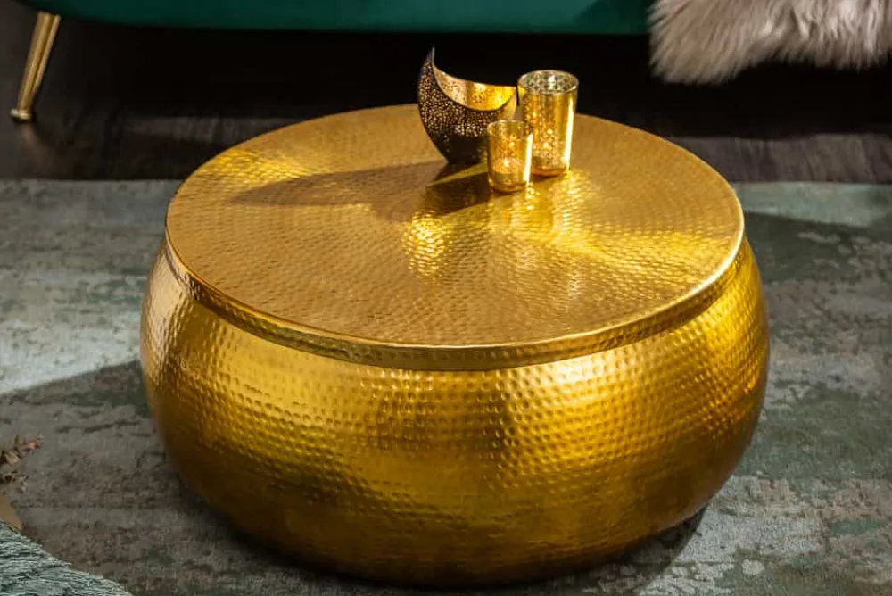 Riess-Ambiente Goldene Möbel|Couchtische & Truhen > Runder Couchtisch ORIENT STORAGE 70cm gold Metall mit Stauraum Hammerschlag Design handmade