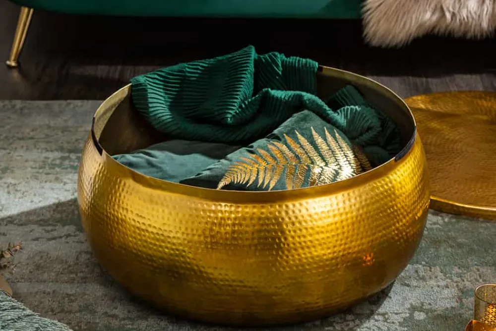 Riess-Ambiente Goldene Möbel|Couchtische & Truhen > Runder Couchtisch ORIENT STORAGE 70cm gold Metall mit Stauraum Hammerschlag Design handmade