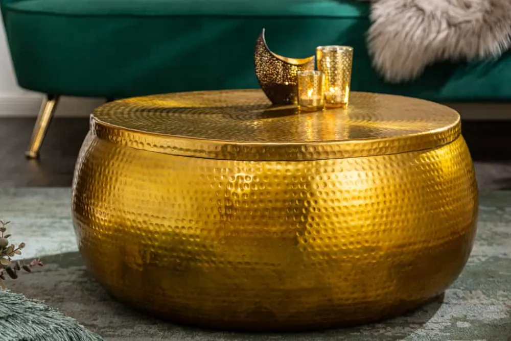 Riess-Ambiente Goldene Möbel|Couchtische & Truhen > Runder Couchtisch ORIENT STORAGE 70cm gold Metall mit Stauraum Hammerschlag Design handmade