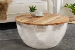 Riess-Ambiente Mehr...|Couchtische & Truhen > Runder Couchtisch ORIENT STORAGE 60cm silber Akazienholz mit Stauraum Hammerschlag handmade