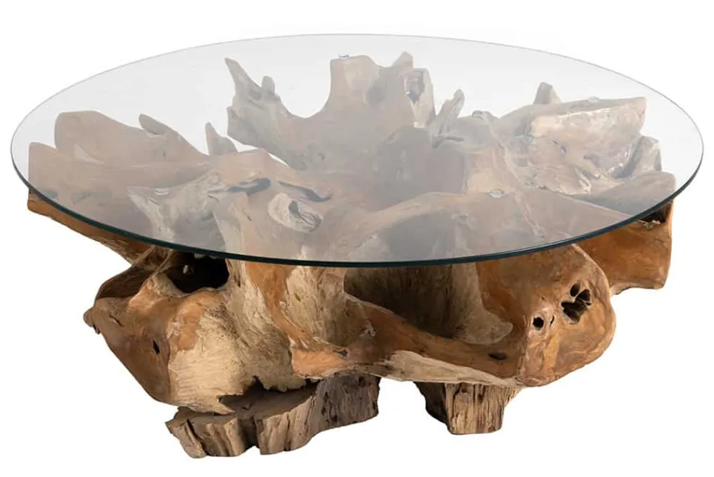Riess-Ambiente Mehr...|Couchtische > Runder Couchtisch ROOT 100cm natur Teak Massivholz aus Wurzelholz mit Glasplatte