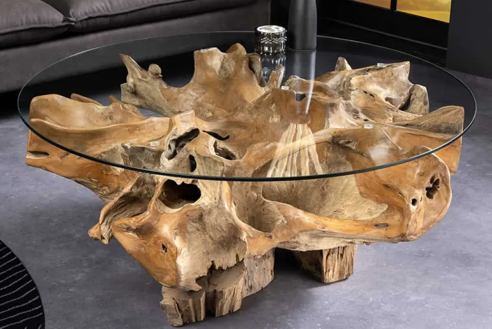 Riess-Ambiente Mehr...|Couchtische > Runder Couchtisch ROOT 100cm natur Teak Massivholz aus Wurzelholz mit Glasplatte