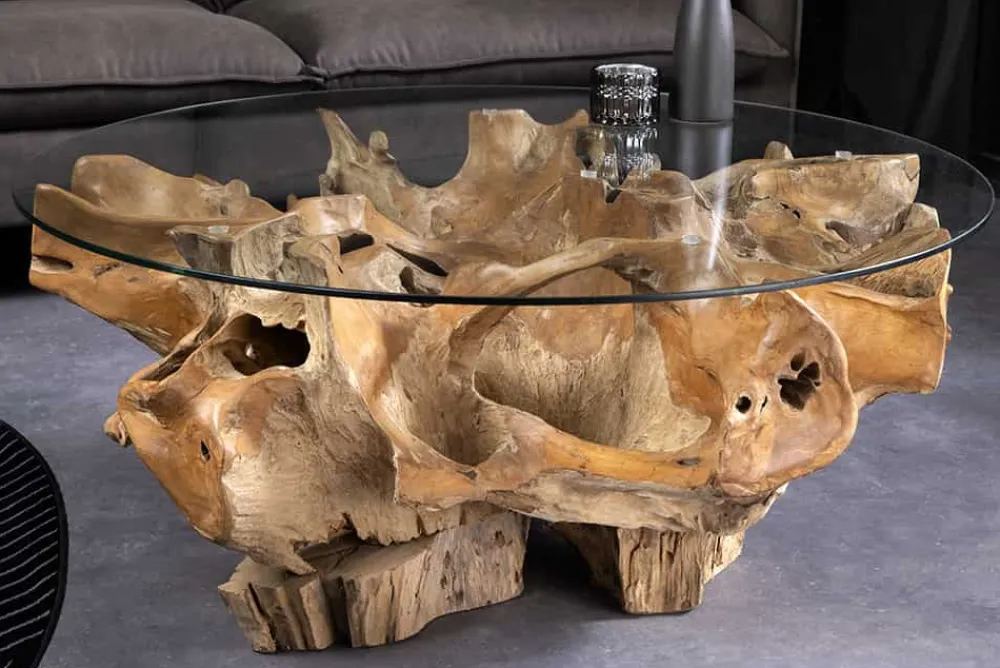 Riess-Ambiente Mehr...|Couchtische > Runder Couchtisch ROOT 100cm natur Teak Massivholz aus Wurzelholz mit Glasplatte