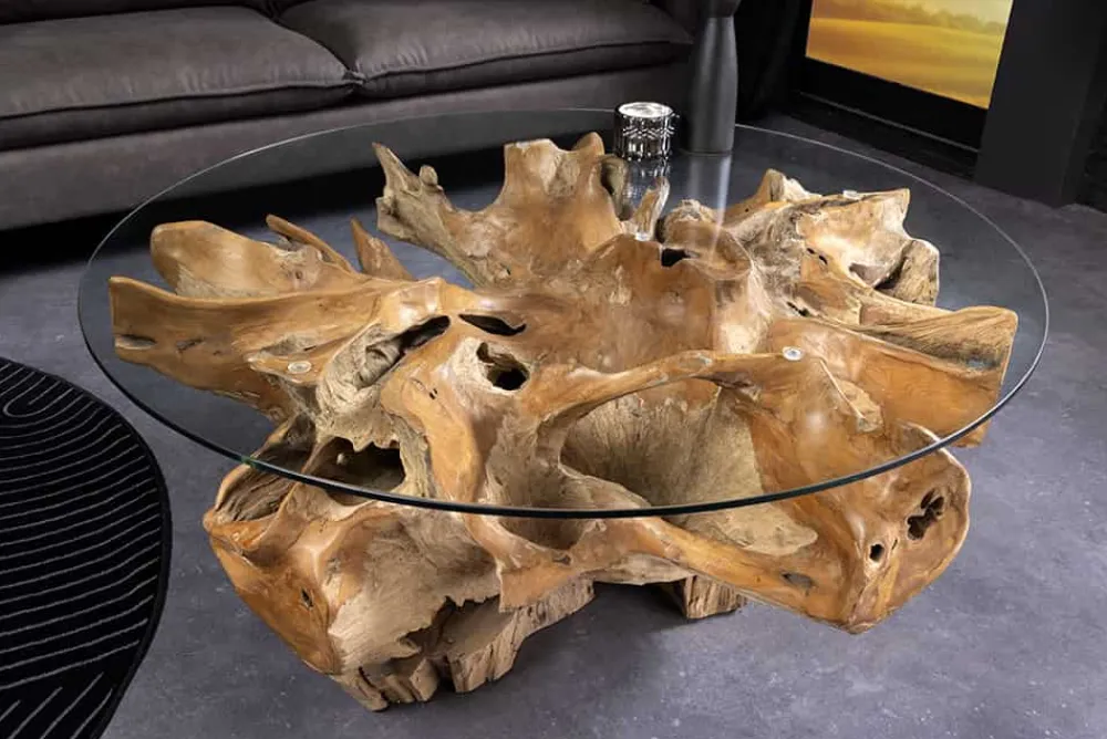 Riess-Ambiente Mehr...|Couchtische > Runder Couchtisch ROOT 100cm natur Teak Massivholz aus Wurzelholz mit Glasplatte