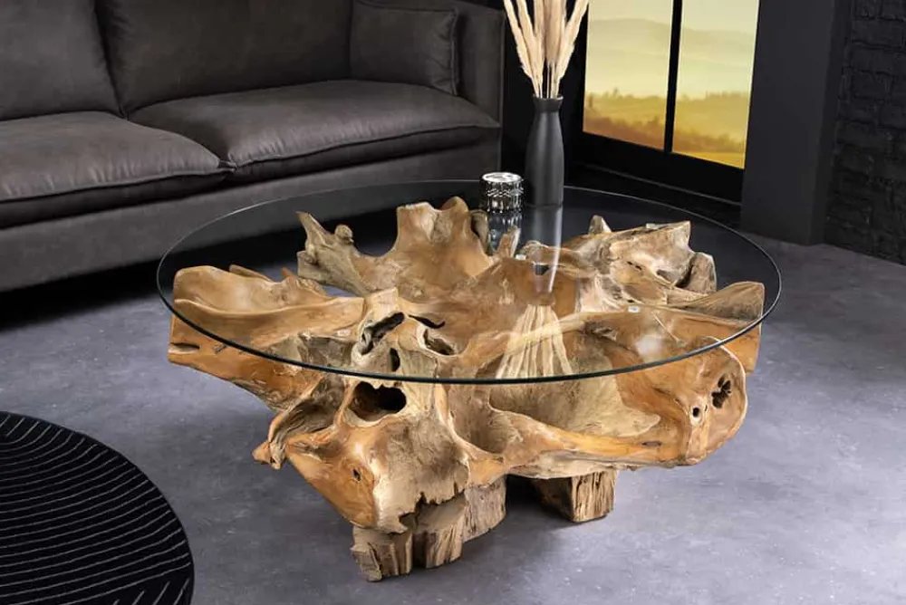 Riess-Ambiente Mehr...|Couchtische > Runder Couchtisch ROOT 100cm natur Teak Massivholz aus Wurzelholz mit Glasplatte