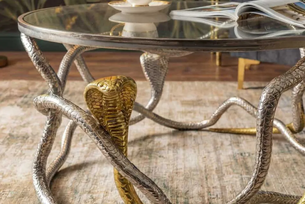 Riess-Ambiente Couchtische & Truhen > Runder Couchtisch SNAKE 70cm gold silber Metall Schlangen-Skulptur Glasplatte