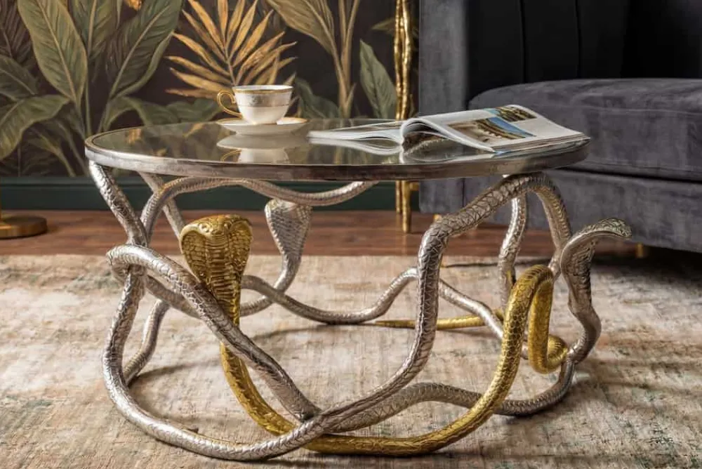Riess-Ambiente Couchtische & Truhen > Runder Couchtisch SNAKE 70cm gold silber Metall Schlangen-Skulptur Glasplatte