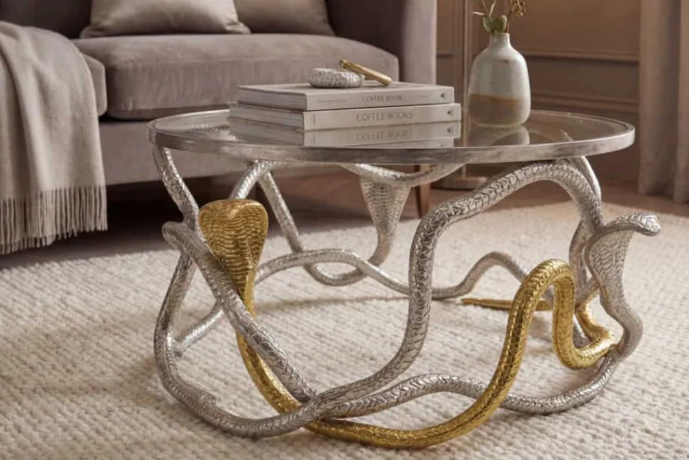 Riess-Ambiente Couchtische & Truhen > Runder Couchtisch SNAKE 70cm gold silber Metall Schlangen-Skulptur Glasplatte