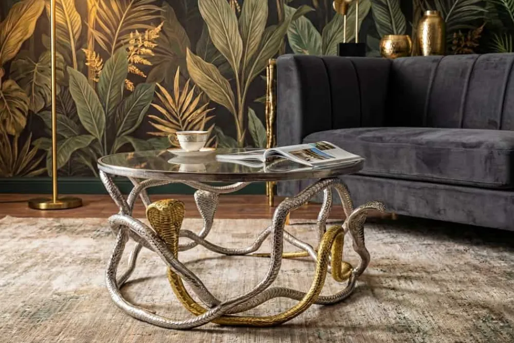 Riess-Ambiente Couchtische & Truhen > Runder Couchtisch SNAKE 70cm gold silber Metall Schlangen-Skulptur Glasplatte