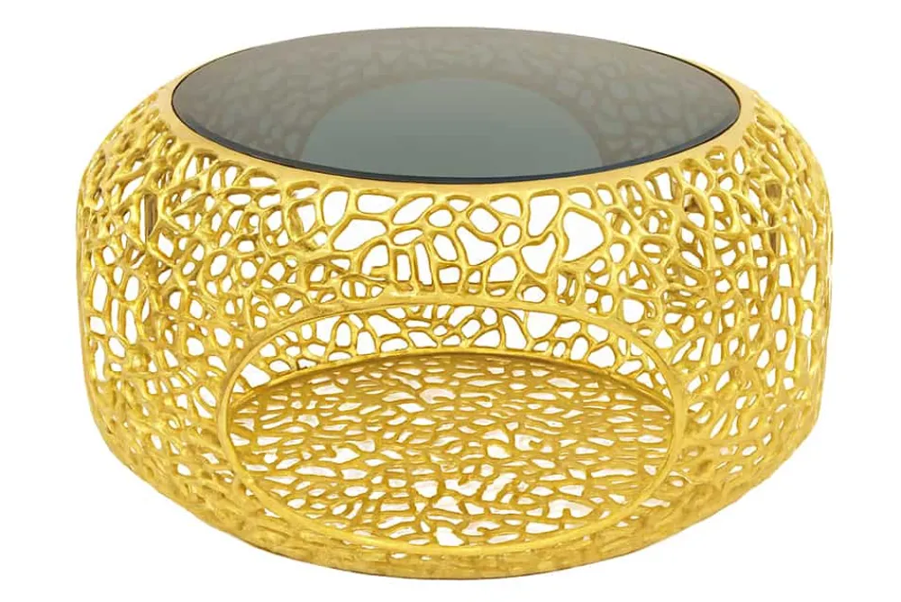Riess-Ambiente Couchtische & Truhen > Runder Couchtisch SPIN 75cm gold Schwarzglas Metall mit Stauraum handmade