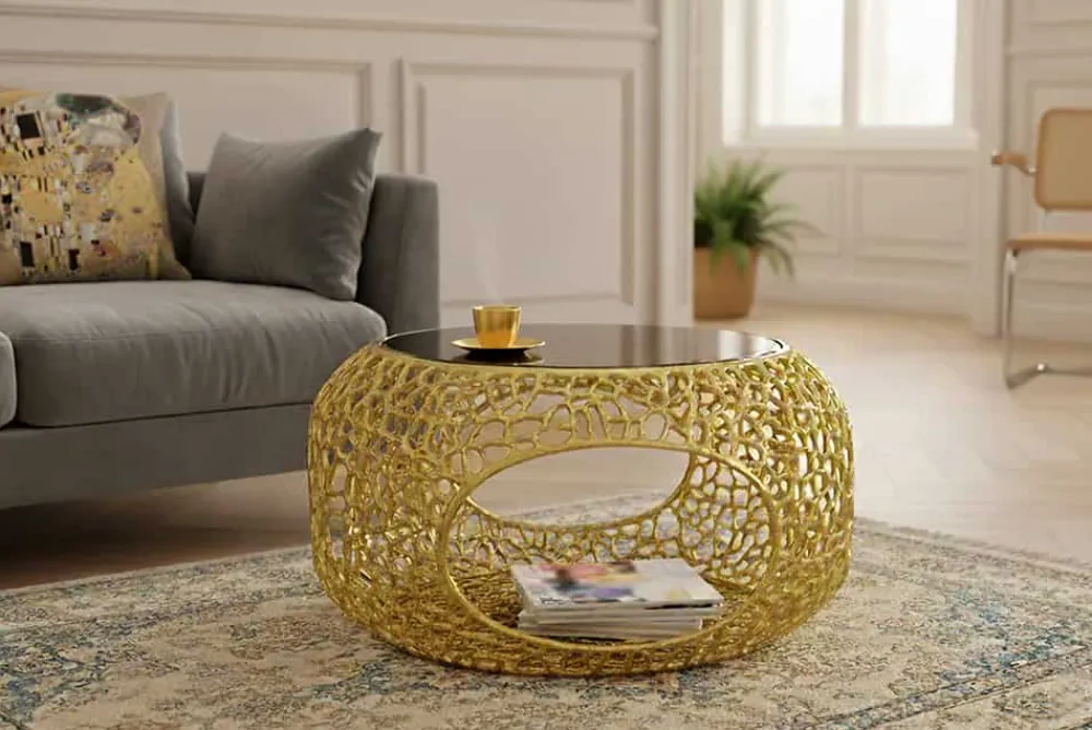 Riess-Ambiente Couchtische & Truhen > Runder Couchtisch SPIN 75cm gold Schwarzglas Metall mit Stauraum handmade
